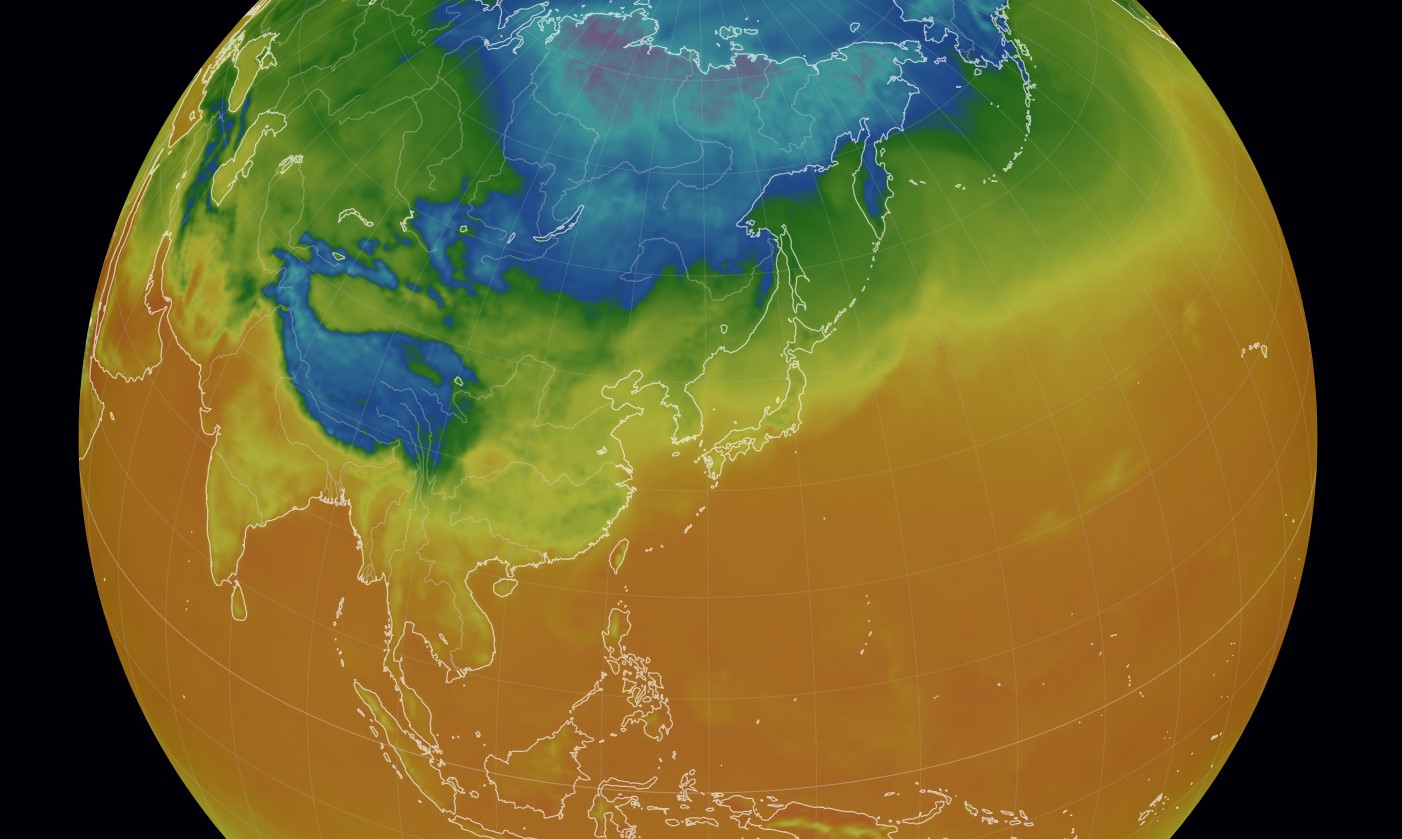 A law on monitoring and forecasting climate change took effect on Oct. 25, the Ministry of Oceans and Fisheries and the Korea Meteorological Administration said. Shown is the area around the Korean Peninsula on Earth Nullschool, a map of global weather conditions. (Screen capture from Earth Nullshool)  